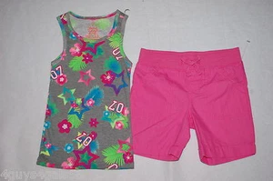 Girls PINK BERMUDA SHORTS Elast Waist GRAY RIBBED TANK TOP Stars Tropical XS 4-5 - Picture 1 of 1