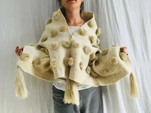 Wool Shawl. Pom Poms & Tassels. Mayan. Chamula. Mexico - Picture 1 of 8