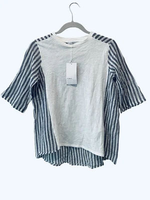 ZARA Azul Blanco Rayas Algodón Top Camiseta Algodón Gasa Boho Pullover Pequeño Nuevo con Etiquetas Foto 1 de 3