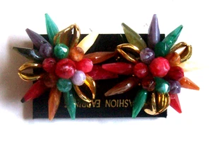 Vtg Spike Cluster Earrings Clip On Large Multicolored & Gold Colorful 1 1/4" - Picture 1 of 3