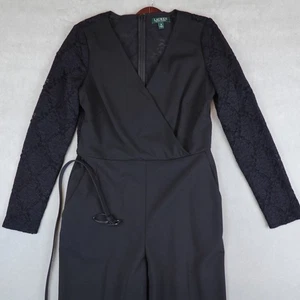 Lauren Ralph Lauren Jumpsuit Womens Belted Black Long Sleeve Size 10 - Picture 1 of 12