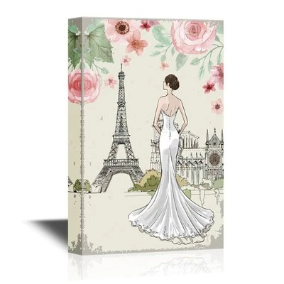 Wall26 - Arte de pared en lienzo - Espalda de una dama con Torre Eiffel y flores - 16x24 Foto 1 de 3