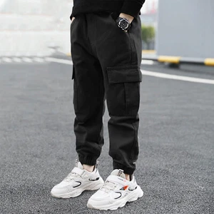 Kids Boy Pure Cargo Pants Cotton Casual Pants Drawstring Loose Jogging Work Pant - Picture 1 of 56