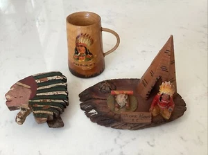 Vtg 3 Pc Canadian Indian Chief Figurine Souvenir Wood Tepee Fire Prince Rupert - Picture 1 of 7