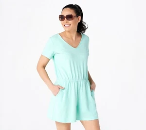 AnyBody Cozy Kind V-Neck Short Sleeve Romper Bright Mint M A377746 - Imagen 1 de 4