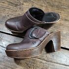 Born Women's Size 8 EU39 Platform Block Heel Brown Leather Shoes Mules Buckle