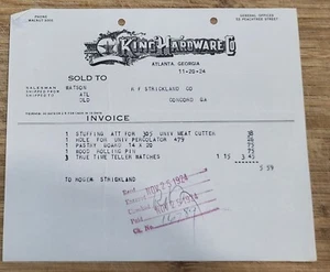 1924 Billhead Georgia Atlanta King Hardware - Picture 1 of 1