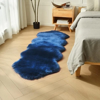 2x6 ft duduta Navy Blue Faux Sheepskin Runner Rugs Fluffy Shag Bedroom Bedside - Image 1 of 4