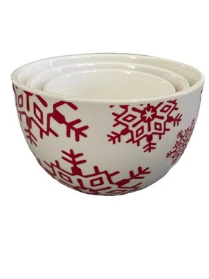 Caja y barril copo de nieve rojo y blanco "Feliz" (Navidad) cuencos anidadores, juego de 3 Foto 1 de 4