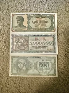 Set of 3 banknotes Greece 500, 1.000.000 & 5.000.000 Drachmai 1944 . UNC. - Picture 1 of 2