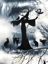 Hexen und Katzen Stoff, Halloween gruselige Gothic Baumwolle, schwarz grau spuschig