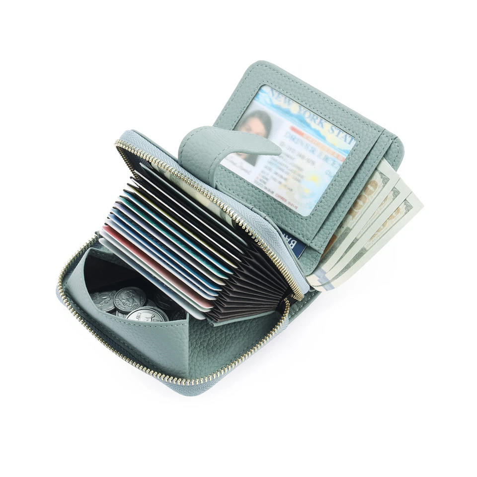 Real Leather Small Short Women Wallet Coins Purse Button Zipper RFID Card Holder