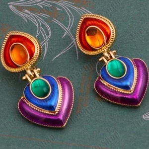 CLIP ON RETRO 4cm long EARRINGS big GOLD FASHION jewelled clips CHUNKY vintage - Picture 1 of 7