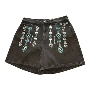 INC Womens Embroidered Denim Shorts 10 Black Wash 30 x 4.5 Boho Southwestern NEW - Picture 1 of 20