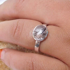 Natural Black Rutile Ring Tourmalated quartz Ring 925 Sterling Silver-RU022 - Picture 1 of 4