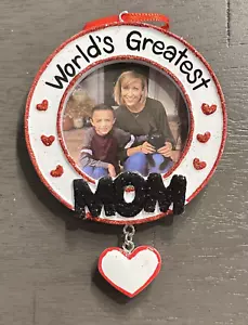 World's Greatest Mom Picture Frame Personalizable Tree Ornament W/ Heart Dangle - Picture 1 of 1