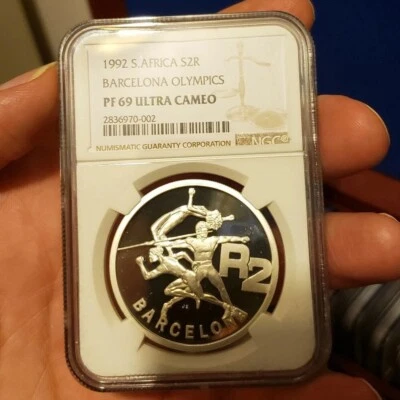 1992 south africa SILVER 2 RAND  NGC PF 69 BARCELONA OLYMPICS R2 S2R 1 oz crown - Image 1 of 4