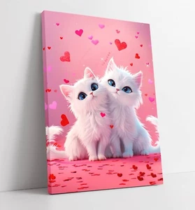 NIEDLICHES WEISSES KATZENPAAR VERLIEBT - GERAHMTE LEINWANDKUNST BILD DRUCK - Bild 1 von 2