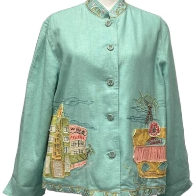 Ruby Rd. Chaqueta Rara Beach Town Bordada Lentejuelas Cuentas Talla 14 Azul Amarillo Foto 1 de 4