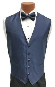Men's Navy Blue Herringbone Tuxedo Vest & Tie Bow or Long Fullback Prom Wedding - Picture 1 of 8