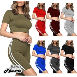 Conjunto de 2 piezas de pantalones cortos cortos con mangas de gorra a rayas laterales yoga baile coordes para mujer - Imagen 1 de 2