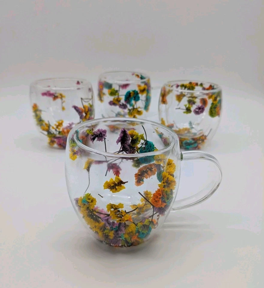 Juego 4 tazas de vidrio de doble pared con asas flores secas café té colorido Foto 1 de 3