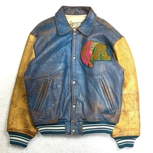 AVIREX Leather Varsity Jacket SUQUAMISH Size M Blue Yellow 128946K Authentic - Picture 1 of 8
