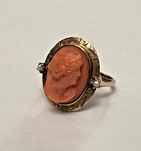 Antique Victorian 10K Yellow Gold Coral Cameo Seed Pearl Ring Size 5.5 - Picture 1 of 11