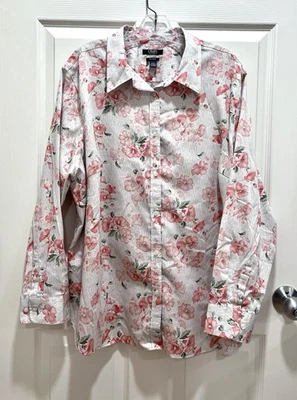 Camisa CHAPS Sin Hierro Rosa Floral Abotonada Mujer 2X Manga Larga Algodón Oficina Foto 1 de 4