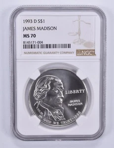 1993-D James Madison Commemorative Dollar MS70 NGC Brown Label *7329 - Picture 1 of 5