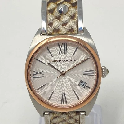 Reloj BCBG Maxazria Mujer 33mm Plata Tono Oro Rosa Tachonado Fecha Nuevo Batt 7.5" Foto 1 de 4