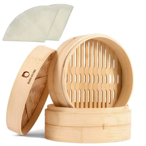 Bamboo Steamer - 2-Tier 10 Inch for Cooking Dim Sum, Momo, Rice - Chinese Bas... - Picture 1 of 9