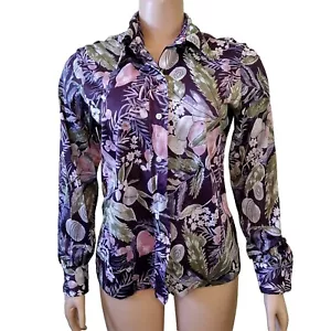 Vintage 1970's VERA Neumann Purple Button Down Floral Print Poly Blouse Medium - Picture 1 of 6