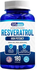 Resveratrol Capsules 1000mg Serving - 180 Capsules - Full 3 Month Supply - An... - Picture 1 of 8