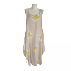 Donna Donna 100% Linen Dress Size S/M Floral Tunic Baggy Pockets Beige Midi - Picture 1 of 10
