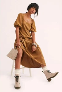 Free People Large Jordan Puff Short Sleeve Drop Ruffle Hem Midi Dress Tobacco - Picture 1 of 10