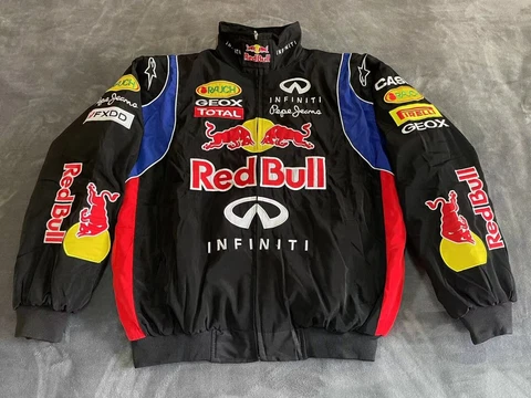 Unisex Adults F1 Team Racing Red Bull Jacket Black Embroidery Cotton Padded Cover