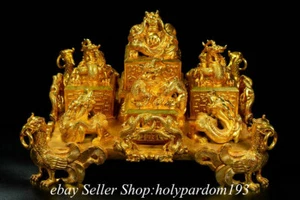 12.8" Old Chinese Purple Bronze 24K Gold Gilt Dragon Seal Signet Stamp Set - Picture 1 of 9