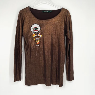 Top Ralph Lauren Para Mujer S Marrón Western Cuentas Nativo Kachina Boho Metálico Foto 1 de 4