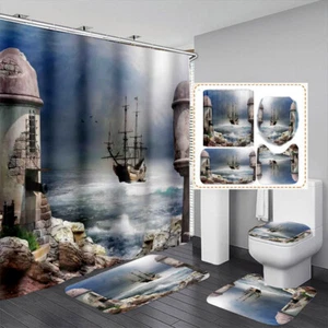 Pirate Ship Bathroom Shower Curtain Non-Slip Set Bath Mat Rug Toilet Lid Cover - Picture 1 of 17