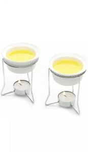 Nantucket Seafood Set of 2 Butter Warmer Chrome Stand Ceramic Pots Tealight 5590 - Picture 1 of 10