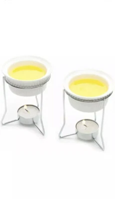 Nantucket Seafood Set of 2 Butter Warmer Chrome Stand Ceramic Pots Tealight 5590 - Image 1 of 4