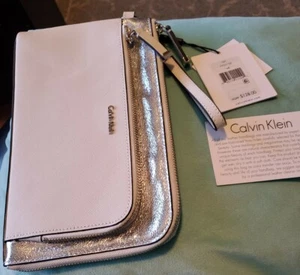 Calvin Klein White Silver Metallic Hand Bag Wristlet Purse /Clutch New with tags - Picture 1 of 5