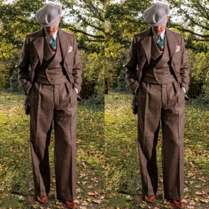 Vintage Tweed Mens Suits Wool Blend Blazer 3Pcs Cuffed Pants Prom Party Tuxedos - Picture 1 of 22
