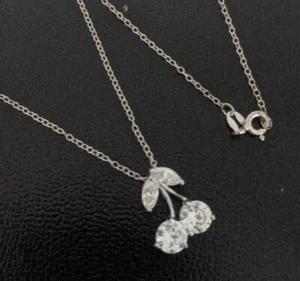 Solid Sterling Silver HAN Clear Stone Cherry Stem Fruit Charm Necklace - Picture 1 of 12
