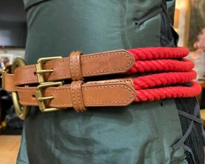 RALPH LAUREN COLLECTION DOUBLE STRAP BRAIDED RED ROPE LEATHER BELT BRASS BUCKLE - Picture 1 of 6