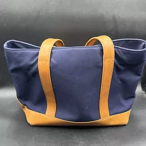 Vintage L.L Bean Tote Bag Navy Blue Canvas And Brown Leather - Bild 1 von 5
