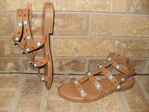 New Nine West Mindela Studded Gladiator Ankle Strap Sandals Brown MSRP $130 - Picture 1 of 5