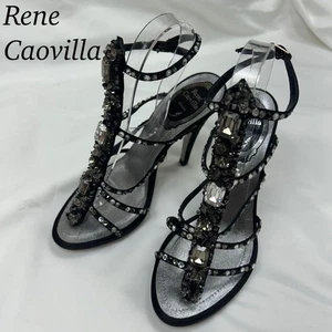 Rene Caovilla Swarovski Glitter Sandals Black Size 36 US 6 Unused 4.72”heel - Picture 1 of 10