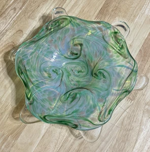 Vintage Murano Kunst Glas Herzstück Schale grün & blau Wirbel irisierend 12" Ital - Bild 1 von 10